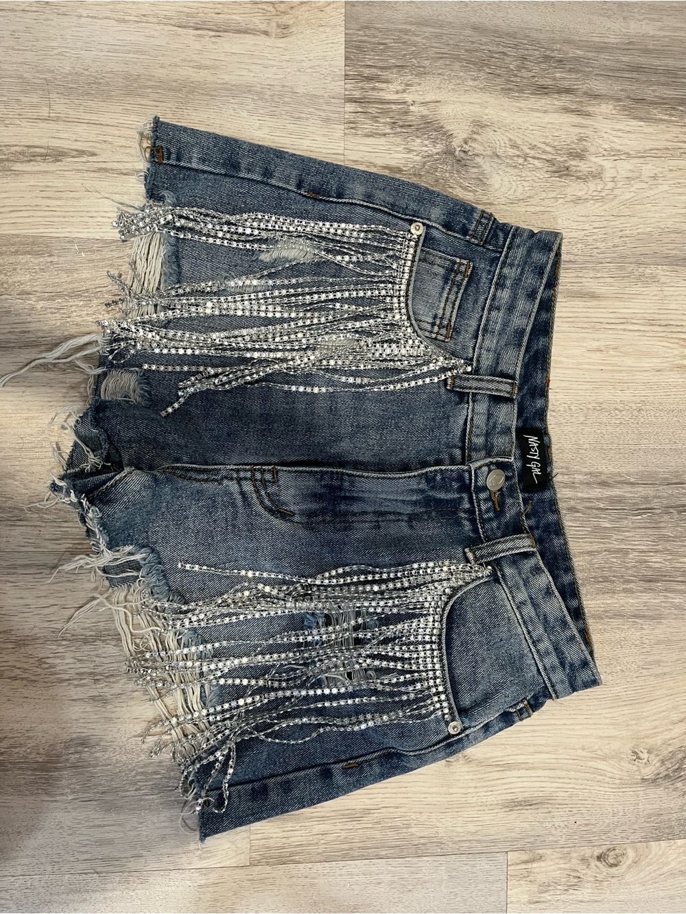 Nasty Gal Blue Denim Jean Shorts with Silver Rhinestone Fringe